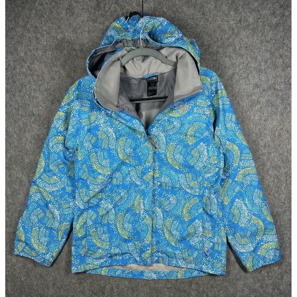 The North Face Girls XL 18 HyVent Jacket Blue Hooded Rain Coat Kids Youth Print